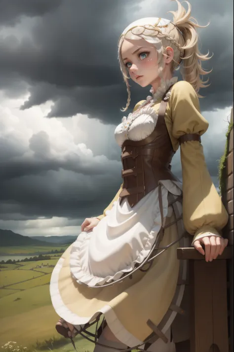 masterpiece, best quality, lissa, hair ornament, bonnet, frilled dress, white thighhighs, looking at viewer, worried, upper body...