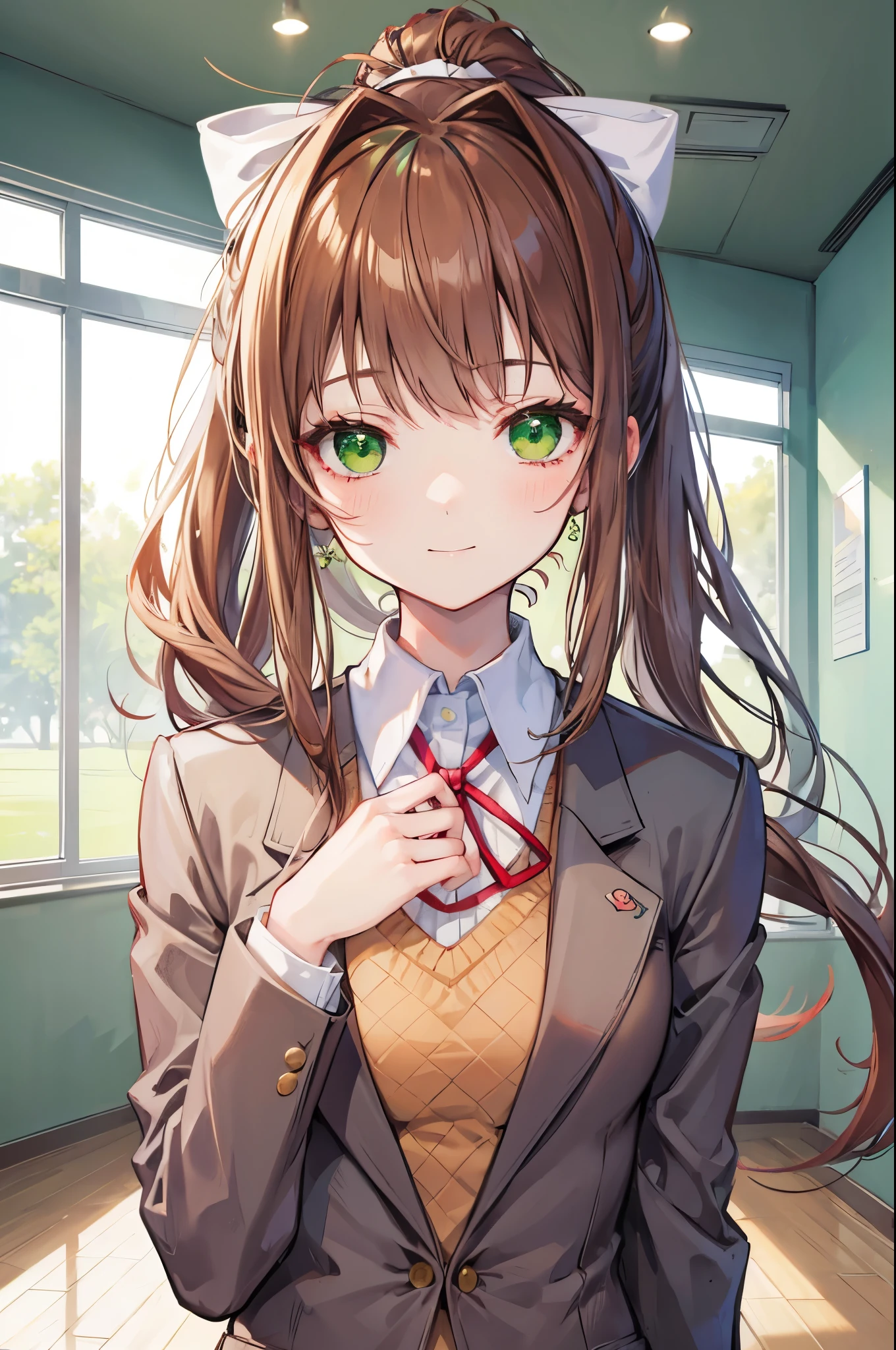 (face portrait:1.2), upper body, (masterpiece), best quality, expressive eyes, perfect face, highres, 1 girl, solo, ddlcmonika, blunt bangs, brown hair, (green eyes:1.5), long hair, ponytail, ribbon, white ribbon, hair ribbon, sidelocks, brown jacket, jacket, long sleeves, school uniform, zettai ryouiki, smiling, indoors, classroom background, standing, looking at the viewer