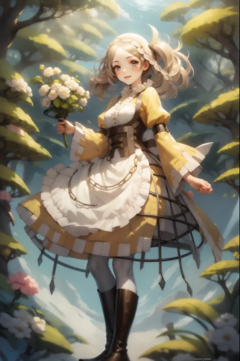 masterpiece, best quality, lissa, hair ornament, bonnet, frilled dress, white thighhighs, boots, standing, smile, white flowers,...