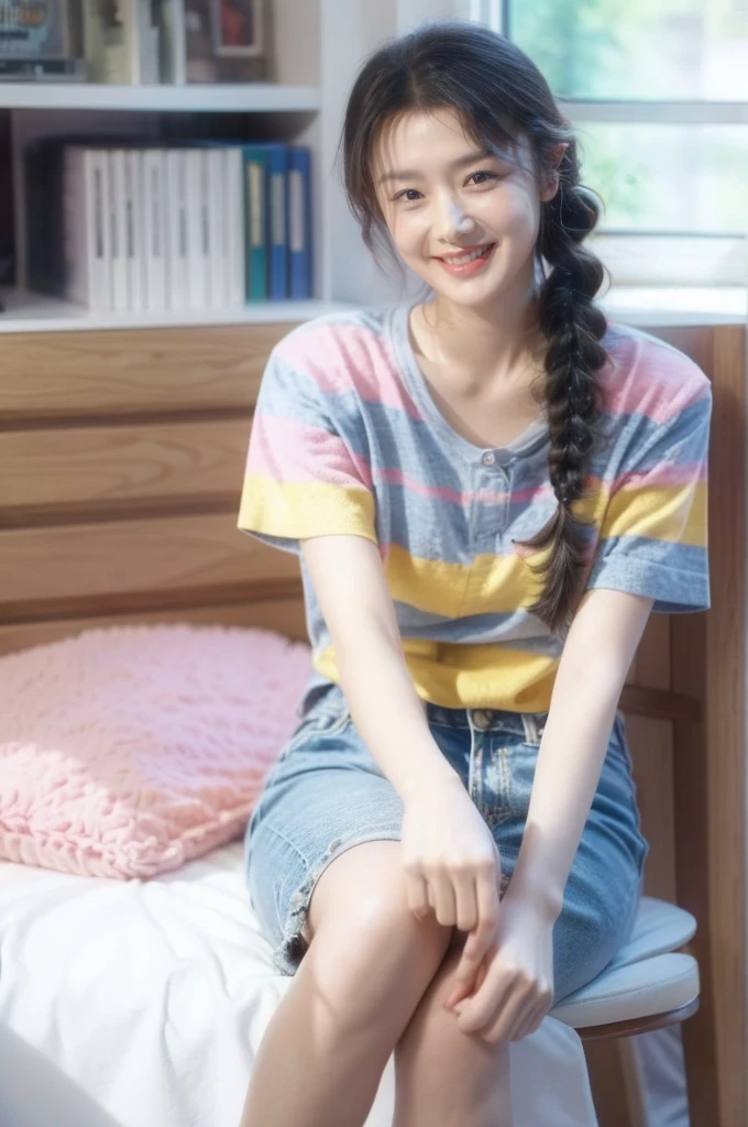 35mm photo, yueqing, girl, woman, striped shirt, smile, sitting, single braid, highres, super detail, Super high saturation, bright and vivid colors, (best quality, masterpiece, Representative work, official art, Professional, 8k)