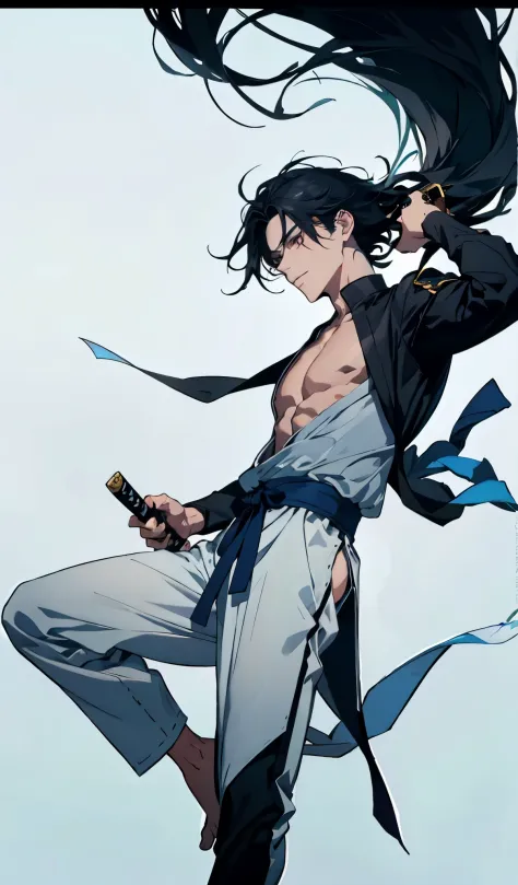Boy with hunk body and long straight black hair down to the leg wearing a black haori with some white armbands and some parts of white clothing with a katana at the blue waist and tied hair, mage swordsman, beautiful eyes finely detailed, casting a strong ...