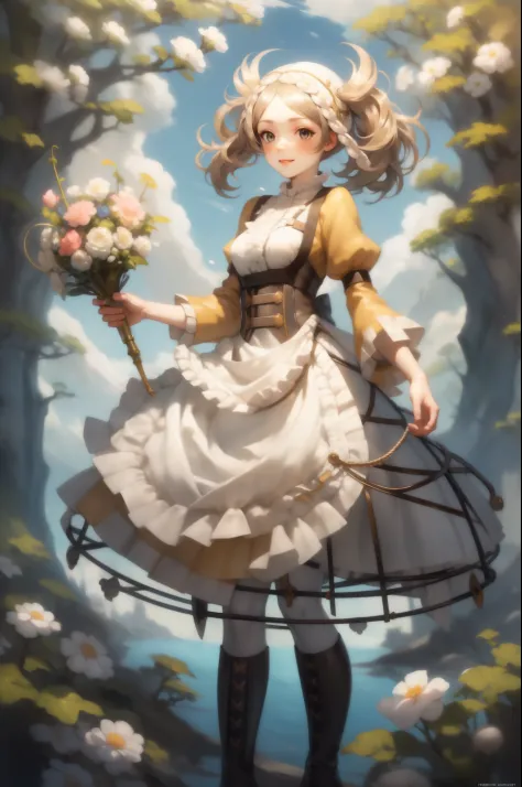 masterpiece, best quality, lissa, hair ornament, bonnet, frilled dress, white thighhighs, boots, standing, smile, white flowers,...
