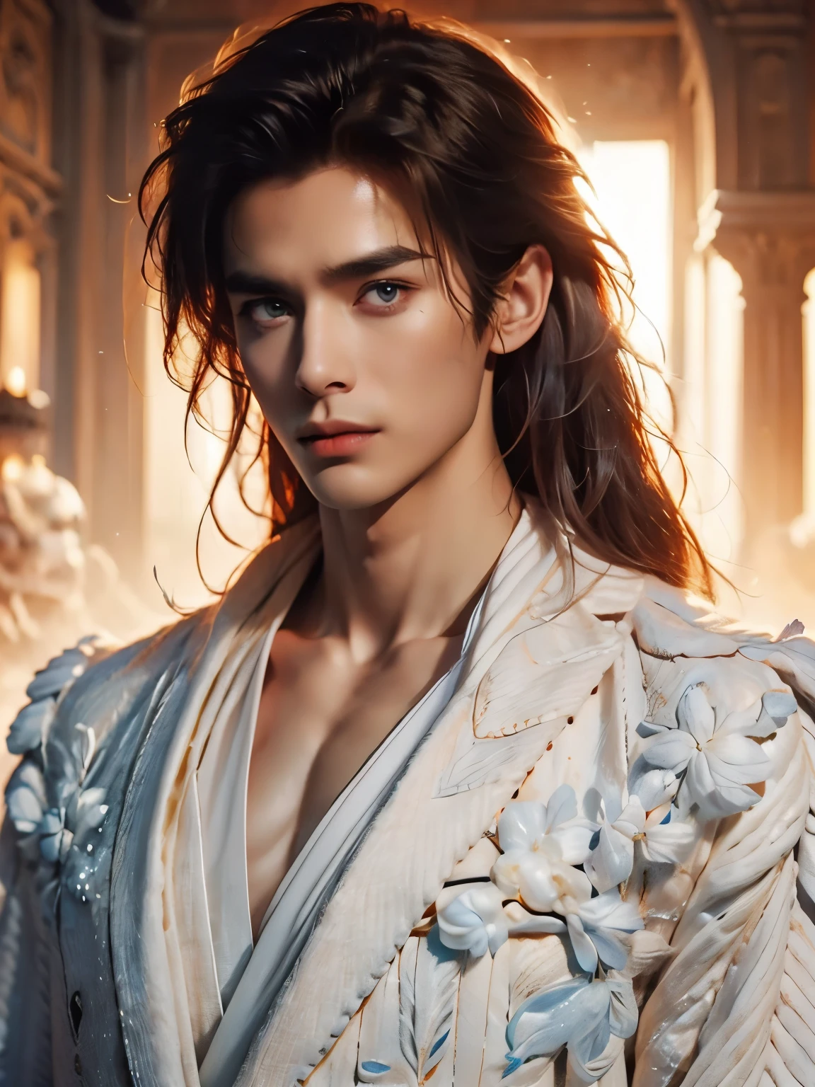 Delphine Enjolras (Delphin Enjolras) style, character concept design, Half body， (male character design），Messy white long hair,（Melancholic handsome guy Pan An is flying in the clouds：1.37），（Pan An’s outfits for modern and fashionable men&#39;s blue sweater suit pants：1.37），Pan An’s skin is fair and flawless，The bridge of his nose is high and straight，(long,Messy shawl hair：1.1），（double eyelids, Bright Eyes, Big clear and bright eyes），sad prince，Food with red lips and white teeth，gentle melancholy，Pan An is tall and tall.，He has a strong physique，Toned muscles，Fresh and toned abs, His exquisite facial features，Kingly style， （Main color blue：0.8）