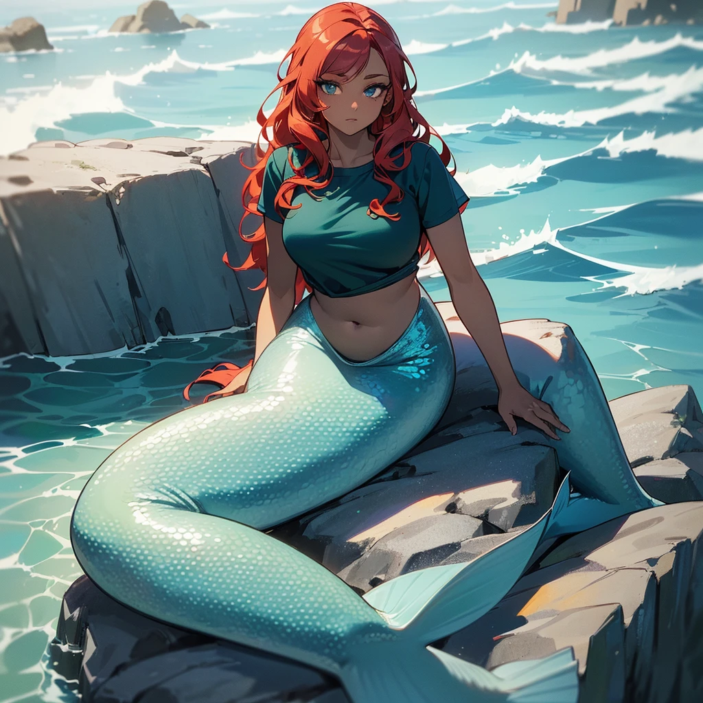 (((Alone))),(((Mermaid Woman))),(((Dark skin))),(((Green right eye))),(((Blue left eye))),(((Hair wavy redhead))),(curvy body), 8k, high quality,(((wearing a cute top))),(((sitting on a rock surrounded by the sea)))