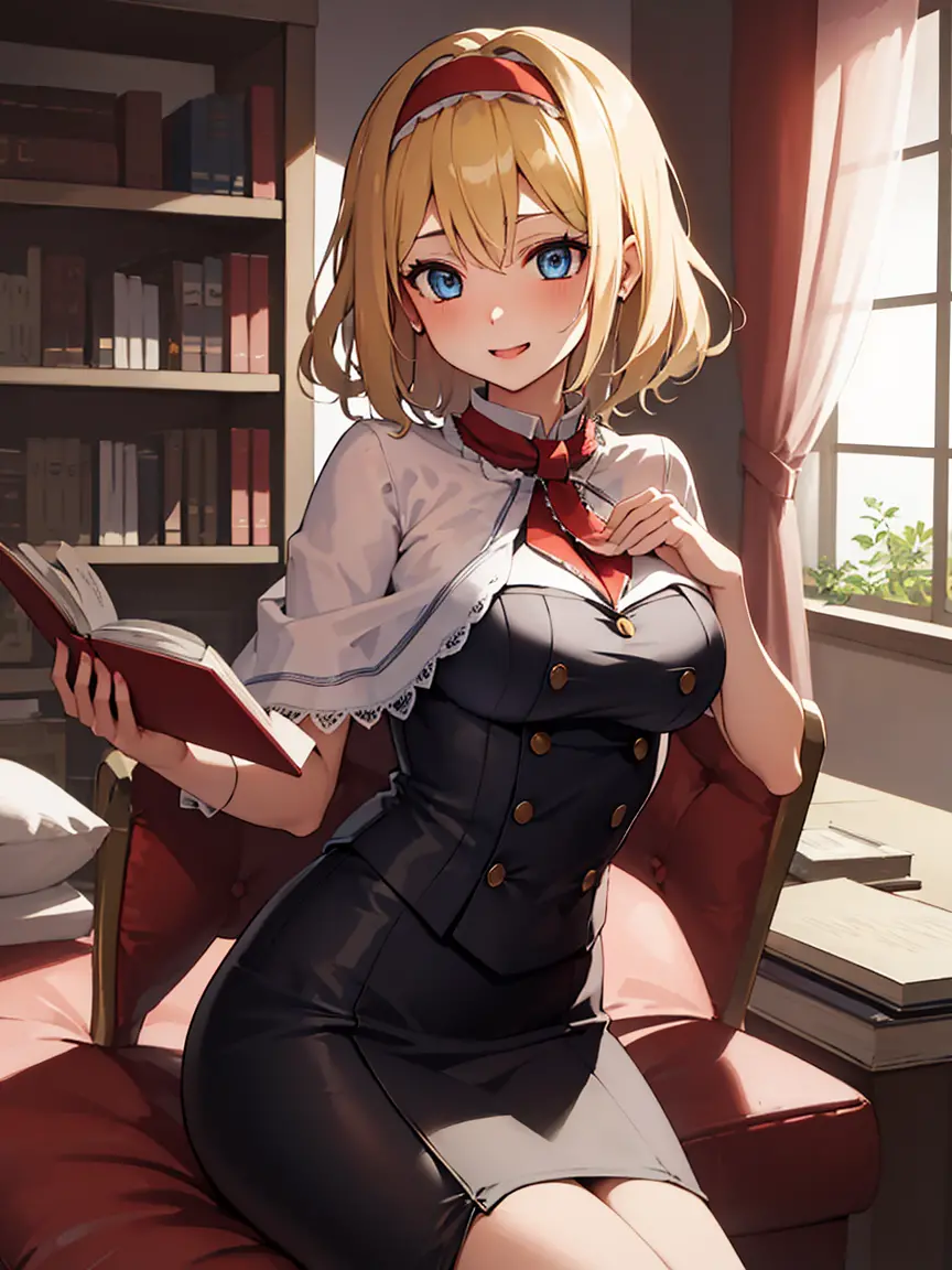 alice_margatroid_touhou, blonde_hair, short_hair, hairband, blue_eyes, capelet
break 
(nose blush), smile
break
masterpiece, bes...