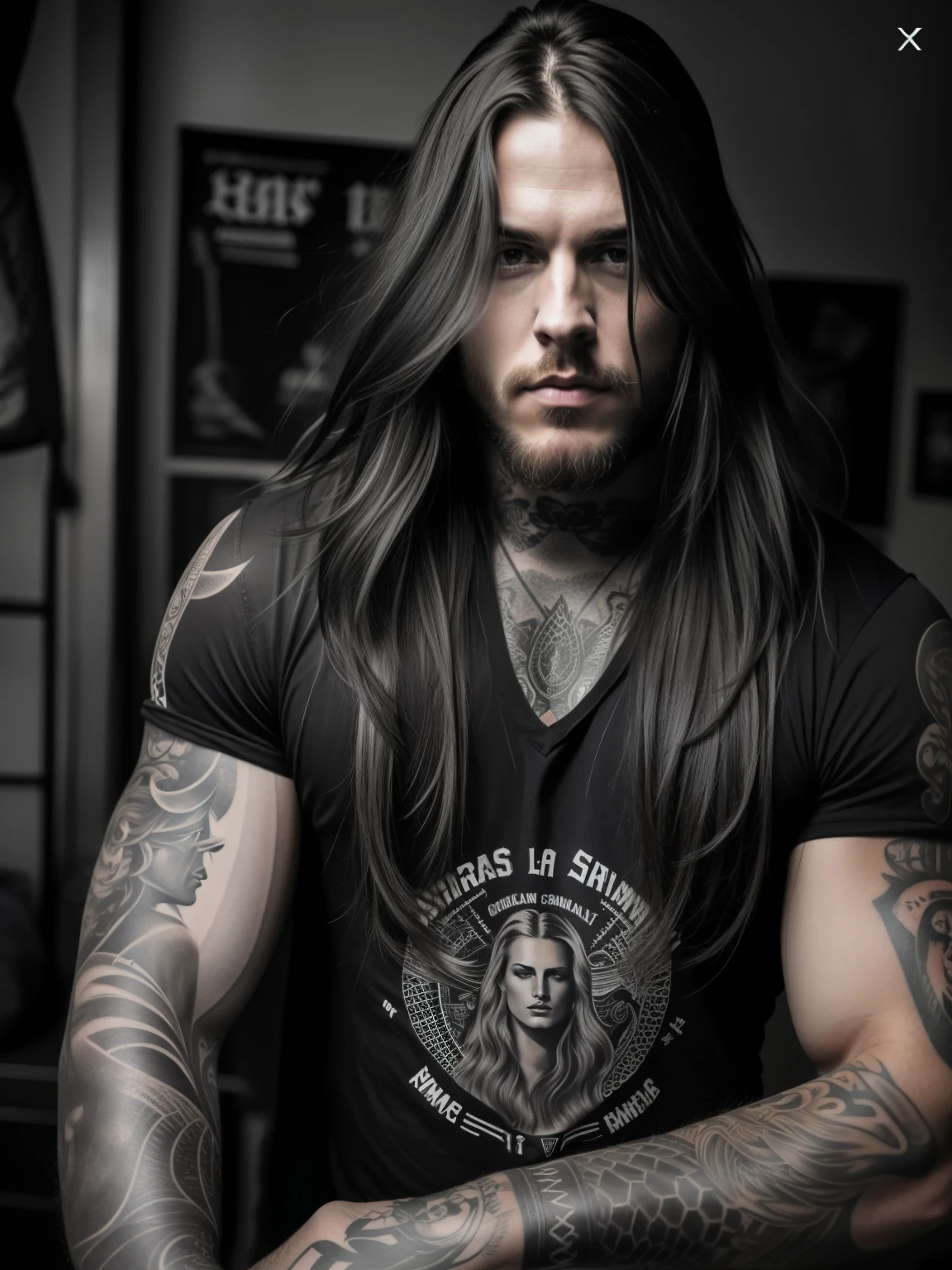 A close up of a man with long hair and tattoos - SeaArt AI