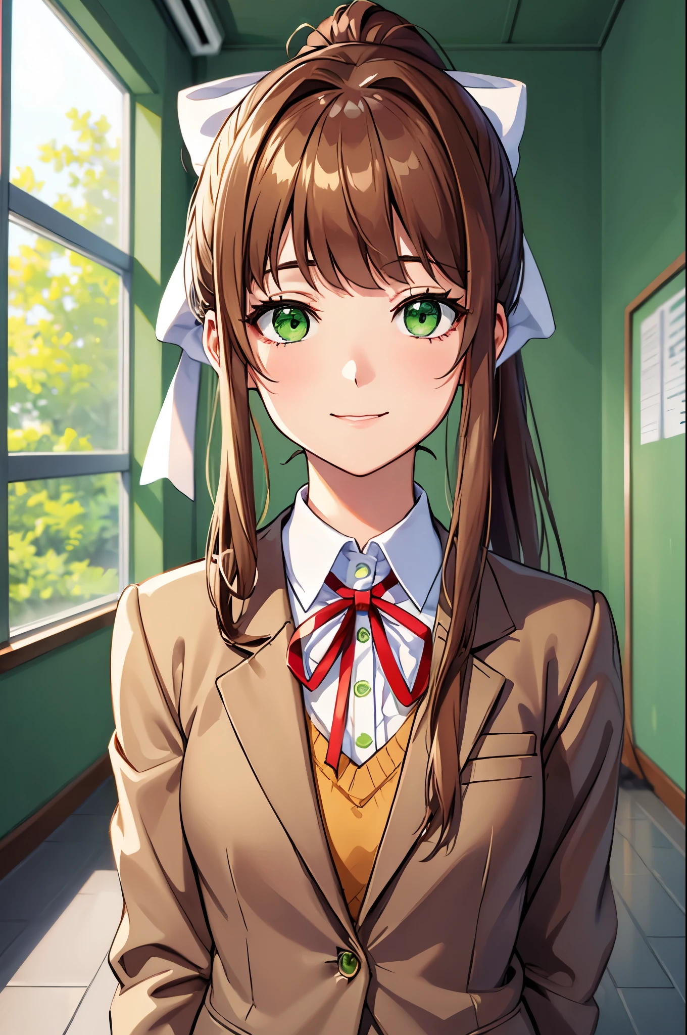 (face portrait:1.2), upper body, (masterpiece), best quality, expressive eyes, perfect face, highres, 1 girl, solo, ddlcmonika, blunt bangs, brown hair, (green eyes:1.5), long hair, ponytail, ribbon, white ribbon, hair ribbon, sidelocks, brown jacket, jacket, long sleeves, , zettai ryouiki, smiling, indoors, classroom background, standing, looking at the viewer