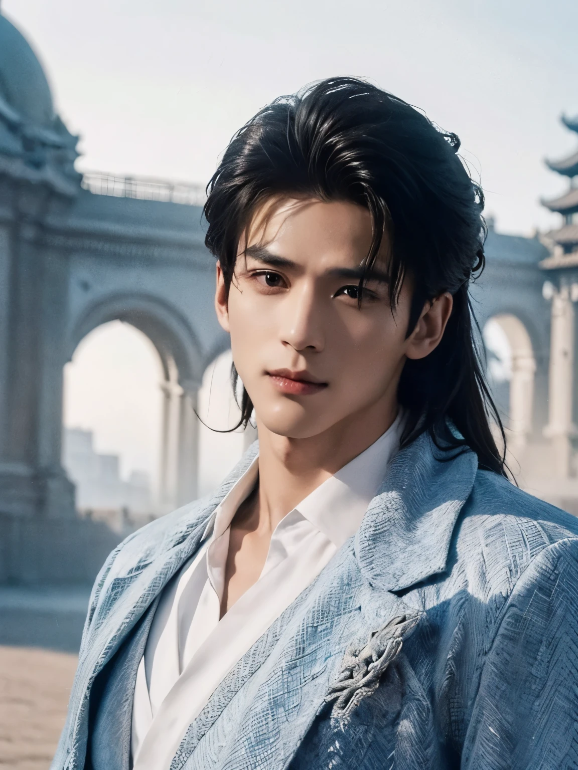  (male character design），（Messy white flying long hair：1.2）, （Affectionate Chinese handsome guy Lan Ling looks into the camera：1.37），（Pan An’s outfits for modern and fashionable men&#39;s blue sweater suit pants：1.37），Pan An’s skin is fair and flawless，The bridge of his nose is high and straight，(long,Messy shawl hair：1.1），（double eyelids, Bright Eyes, Big clear and bright eyes），sad prince，Food with red lips and white teeth，gentle melancholy，Pan An is tall and tall.，He has a strong physique，Toned muscles，Fresh and toned abs, His exquisite facial features，Kingly style， （Main color blue：0.8）