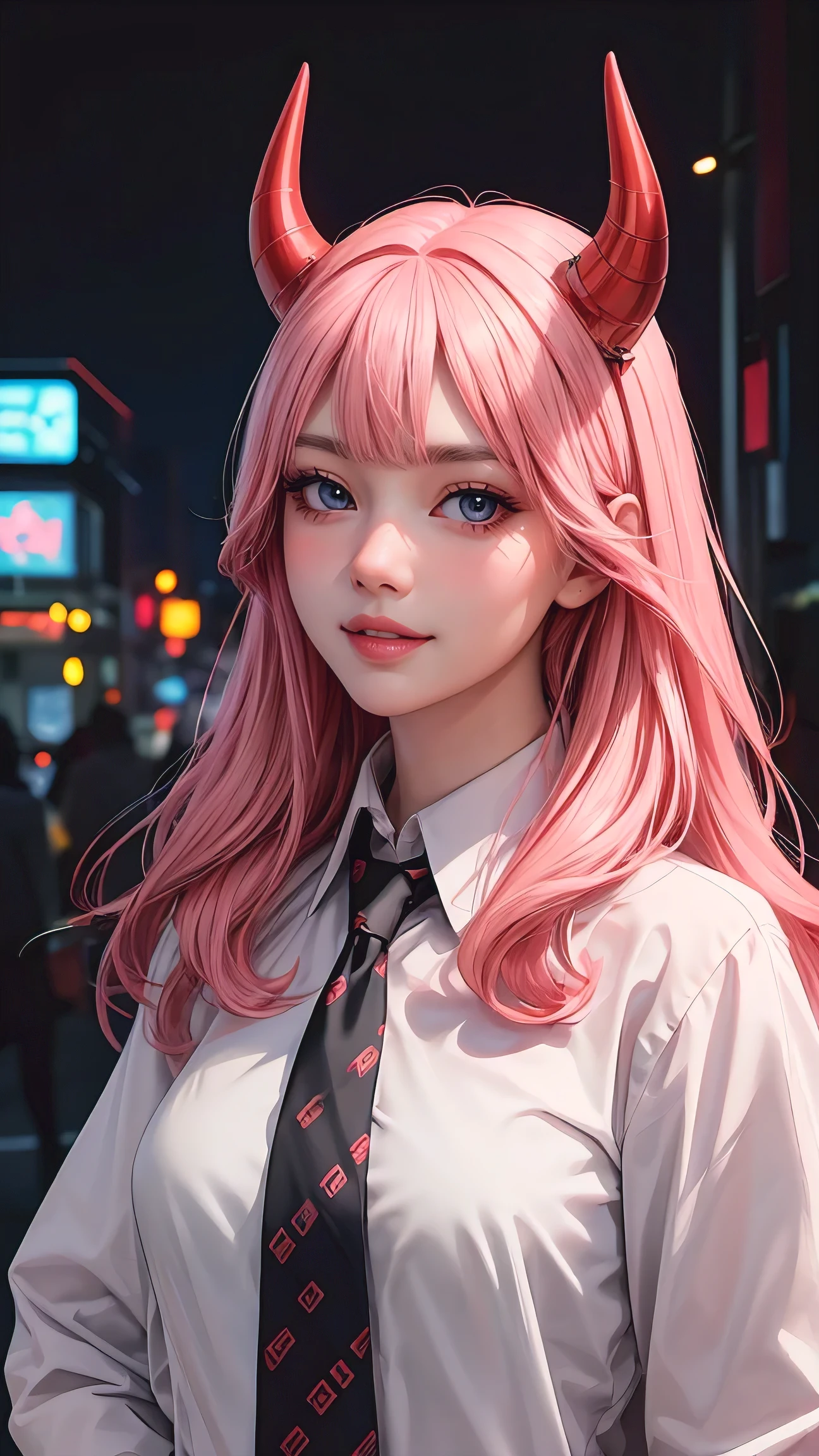 1girl, long pink hair, red horns, white collared shirt, black necktie, light smile, yellow eyes, corneo_power,, buildings,shops,town streets, dark sky, scenery,neon signs,night city, japanese lyrics,, , absurdres, detailed eyes, extremely detailed, volumetric lighting, realistic, realistic lighting, 8k, cinematic lighting, depth of field, perfect, hyper-detailed, photorealistic, ultra realistic, realistic light, hard lighting, intricate details, stop motion, tonemapping, sharp focus, hyper detailed,