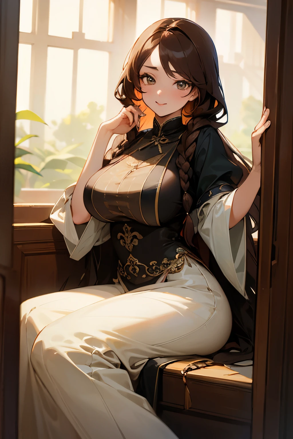 Anime girl sitting on a bench with her hand on her chin - SeaArt AI