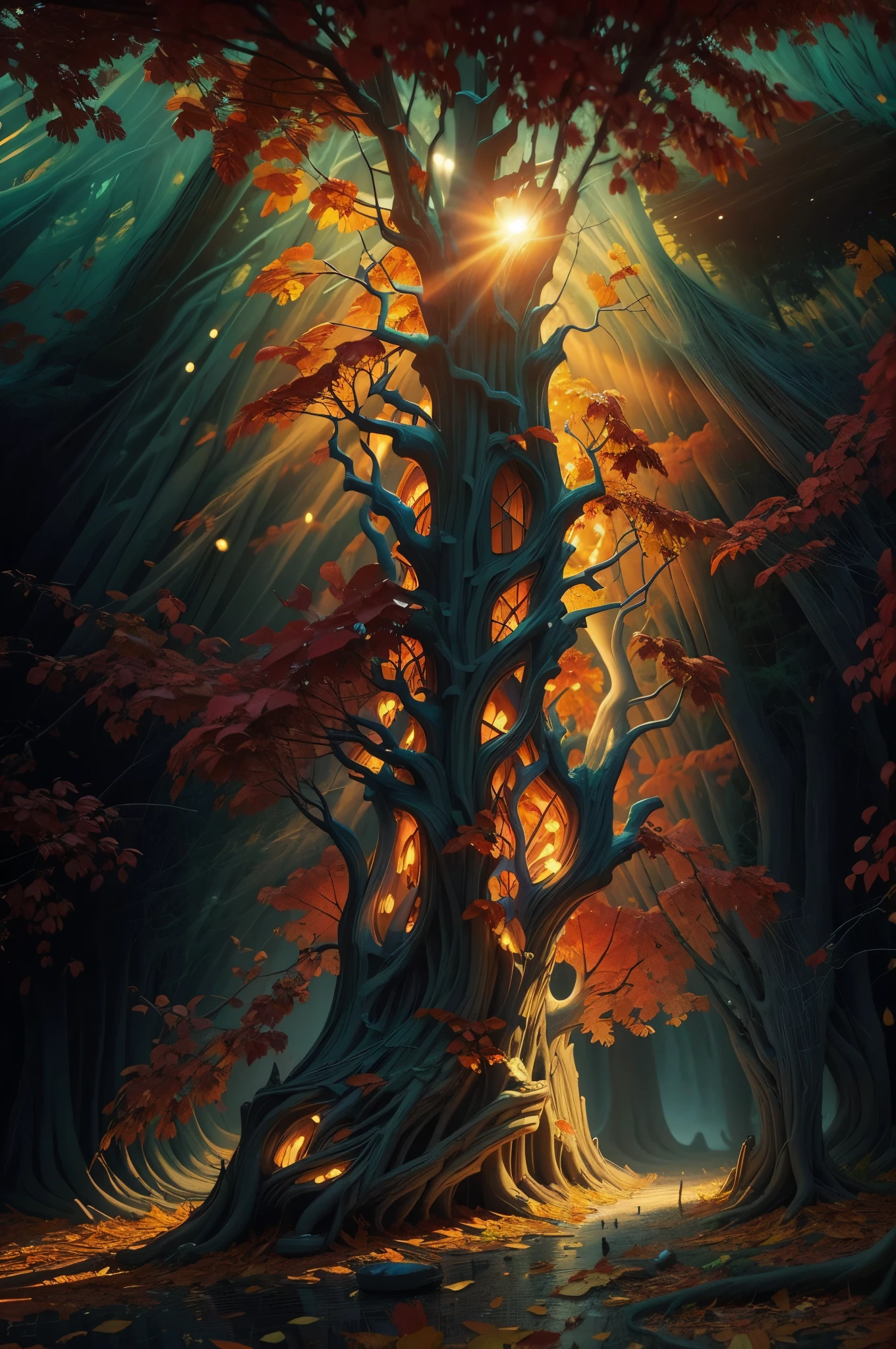 리노컷: 므두셀라의 울퉁불퉁하고 움푹 패인 나무에서 가을 오래된 나무 라인, 스파클링 스왈로우 웅덩이, 낙엽과 함께. 잿빛 나뭇잎 사이로 비치는 빛이 작은 물방울에 반짝인다, 수백만 개의 작은 풍경 종소리에 맞춰 소리의 리듬과 함께 빛의 움직임, 반딧불이는 소리처럼 움직인다, 생생한 따뜻한 색상. 원포인트 관점, 페이딩. István Orosz와 Josephine Wall, Takashi Murakami의 스타일로.