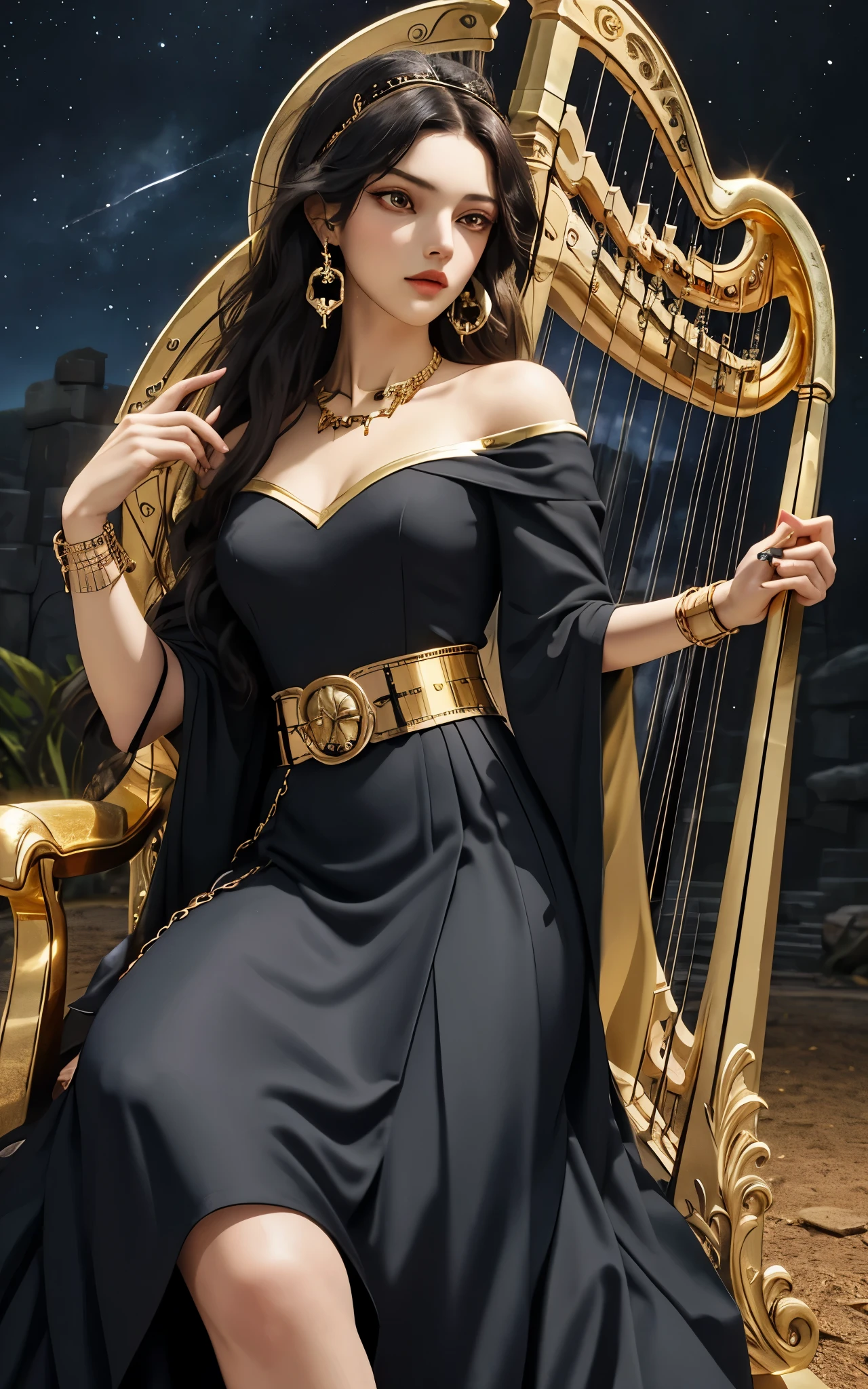 1 girl, solo, details, masterpiece, best quality, photorealistic realism, beautiful girl, long hair, black hair, skull headband, gold earrings, red eyes, beautiful face, skull necklace, perfect body, large breast, open chest, black long dress, skull bracelet, gold earrings, gold belt, musical instrument, harp, sit on ancient chair, dark sky, dark temple,
