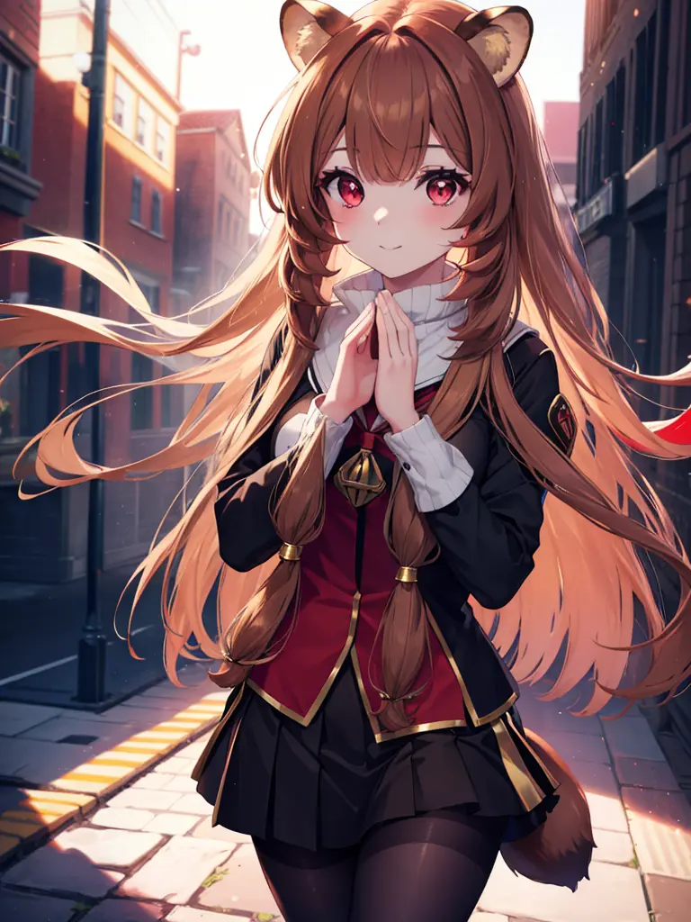 raphtalia, raphtalia, animal ears, brown hair, long hair, raccoon ears, a racoon girl, racoon tail, (red eyes:1.5), tail,black s...