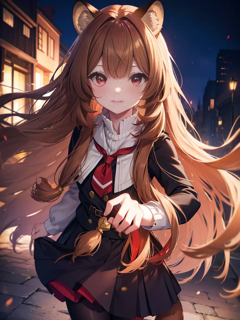 raphtalia, raphtalia, animal ears, brown hair, long hair, raccoon ears, a racoon girl, racoon tail, (red eyes:1.5), tail,black s...