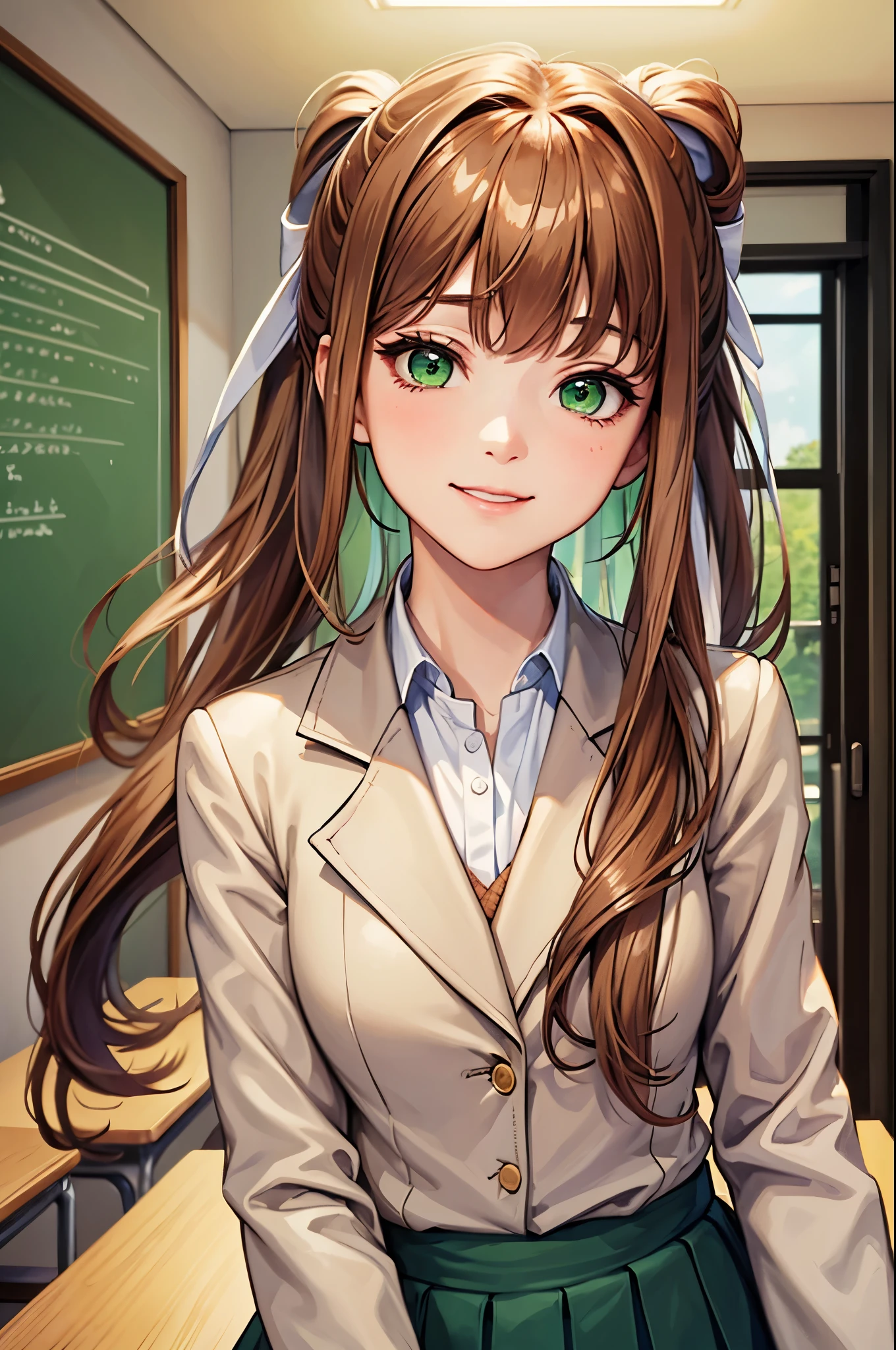 (face portrait:1.2), upper body, (masterpiece), best quality, expressive eyes, perfect face, highres, 1 girl, solo, ddlcmonika, blunt bangs, brown hair, (green eyes:1.5), long hair, ponytail, ribbon, white ribbon, hair ribbon, sidelocks, brown jacket, jacket, long sleeves, school uniform, zettai ryouiki, smiling, indoors, classroom background, standing, looking at the viewer