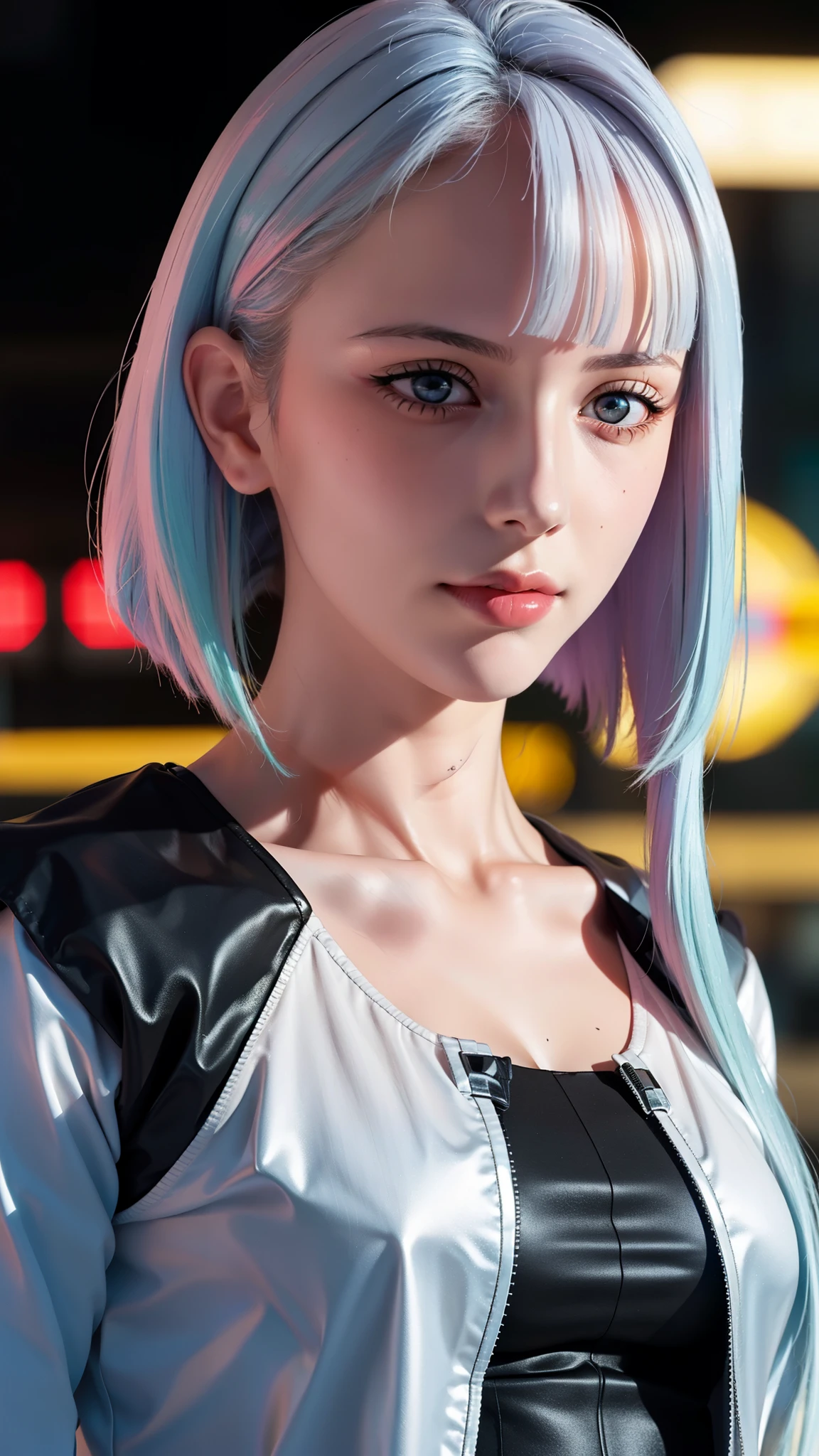 Fundo cyberpunk simples,
jaqueta,roupa preta,
franja, blue olhos, blunt franja,cabelo branco ,Red olhos,
1 garota, 20 anos,Fêmea jovem,Lindo dedo,Lindas pernas longas,corpo bonito,Lindo nariz,Belo design de personagens, perfect olhos, perfect Face,expressive olhos,Equilíbrio Perfeito,
Olhando para o visualizador,(Focus on her Face),boca fechada, (inocente_grande_olhos:1.0),Luz_sorriso,
Arte oficial,papel de parede extremamente detalhado da unidade CG 8k, iluminação perfeita,colorida, brilhante_frente_Face_Luzing,pele brilhante, 
(obra de arte:1.0),(melhor_qualidade:1.0), resolução ultra alta,4K,Ultra-detalhado,
fotografia, 8K, HDR, alta resolução, absurdos:1.2, 400 para porta Kodak, grão de filme, fundo desfocado, Bokeh:1.2, reflexo de lente, (vibrante_cor:1.2),fotografia profissional, 
, (lindo_Face:1.5),(estreito_Cintura),