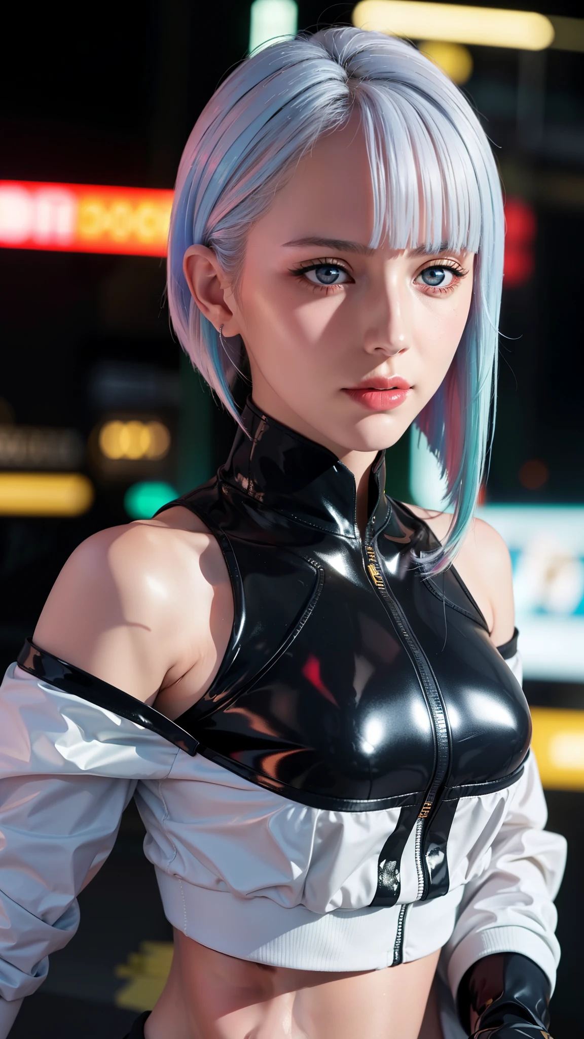 Contexte cyberpunk simple,
veste,tenue noire,
frange, blue yeux, blunt frange,cheveux blancs ,Red yeux,
1 fille, 20 ans,Jeune femelle,Beau doigt,belles longues jambes,beau corps,Beau nez,Belle conception de personnages, perfect yeux, perfect affronter,expressive yeux,équilibre parfait,
regarder le spectateur,(Focus on her affronter),bouche fermée, (innocent_grand_yeux:1.0),Lumière_sourire,
art officiel,fond d&#39;écran CG Unity 8k extrêmement détaillé, éclairage parfait,Coloré, brillant_devant_affronter_Lumièreing,peau brillante, 
(chef-d&#39;œuvre:1.0),(meilleur_qualité:1.0), ultra haute résolution,4k,ultra-détaillé,
la photographie, 8k, HDR, haute résolution, absurdes:1.2, Kodak portrait 400, grain de film, arrière-plan flou, bokeh:1.2, reflet, (vibrant_couleur:1.2),photographe professionnel, 
, (Beau_affronter:1.5),(étroit_Taille),