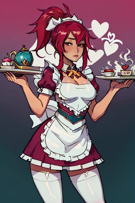 detailed cafe background, masterpiece, best quality, Cafe_Cutie_Sivir, maid_apron, ponytail, serving and offering a cup of coffee, cute maid outfit, master piece, best quality, anime style, detailed face, slim thighs, socks, cute skirt