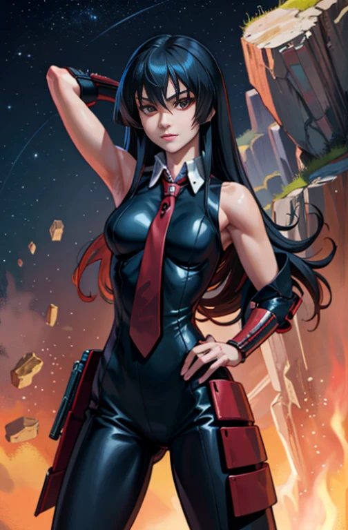 (masterpiece, best quality:1.2), cowboy shot, solo, 1girl, akame \(akame ga kill!\), expressionless, closed mouth, look at the viewer, black bodysuit, leggings, red tie, sleeveless, ass, wide hips, erotica