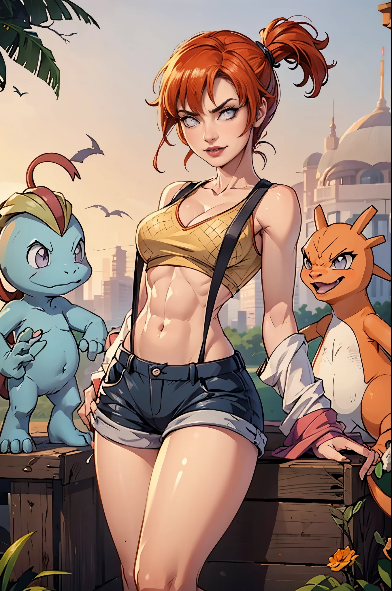 Hinata Hyuga vistiendo Misty&#39;ropa pokemon, con los Pokémon Charmander y Machop al lado, pelo largo azul oscuro, Extremadamente realista, muy linda, extremadamente sexy, gran culo, piernas gruesas, aptitud física