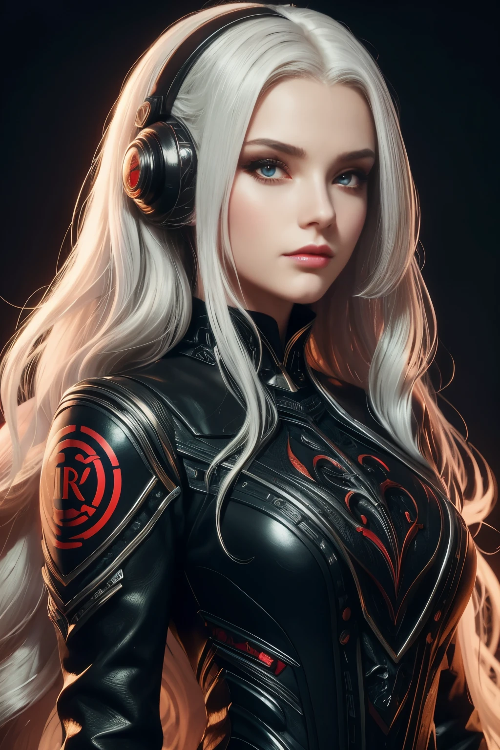 Portrait of a beautiful girl with wavy white hair, wearing a formal black dress with metal parts, red eyes, monograms in the background, digital painting, dark colors, 8k, complex details, vintage, retro futuristic style, sharp focus on the center, pastel colors, art station, (sci-fi, future, future theme), (facial expression looking with disdain), (detailed illustration)