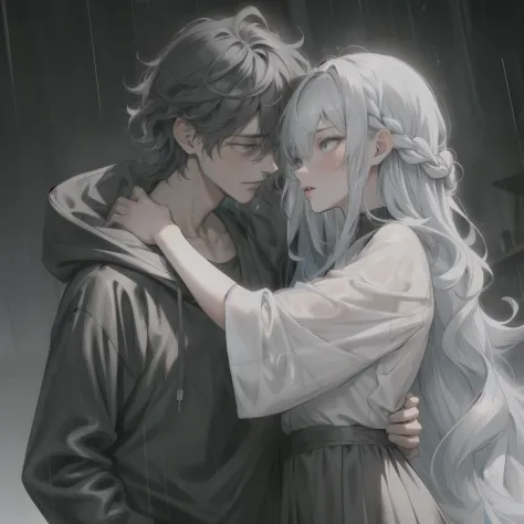 Black messy wavy haired guy, wearing black hoodie, gray shirt, kisses, girl with long light blue hair, wearing gray dress, in th...