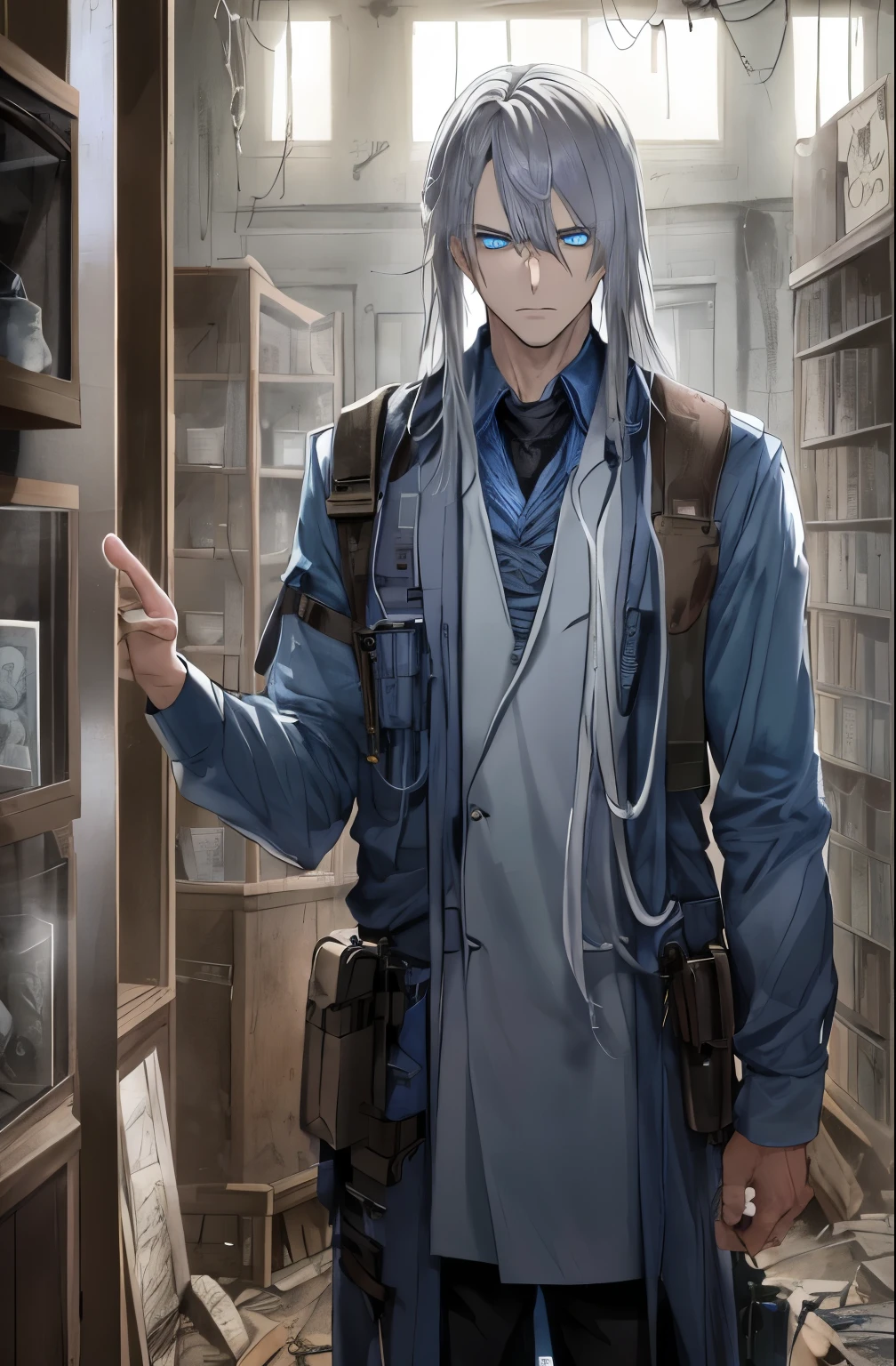 Anime character in a library with a blue shirt and a blue tie - SeaArt AI