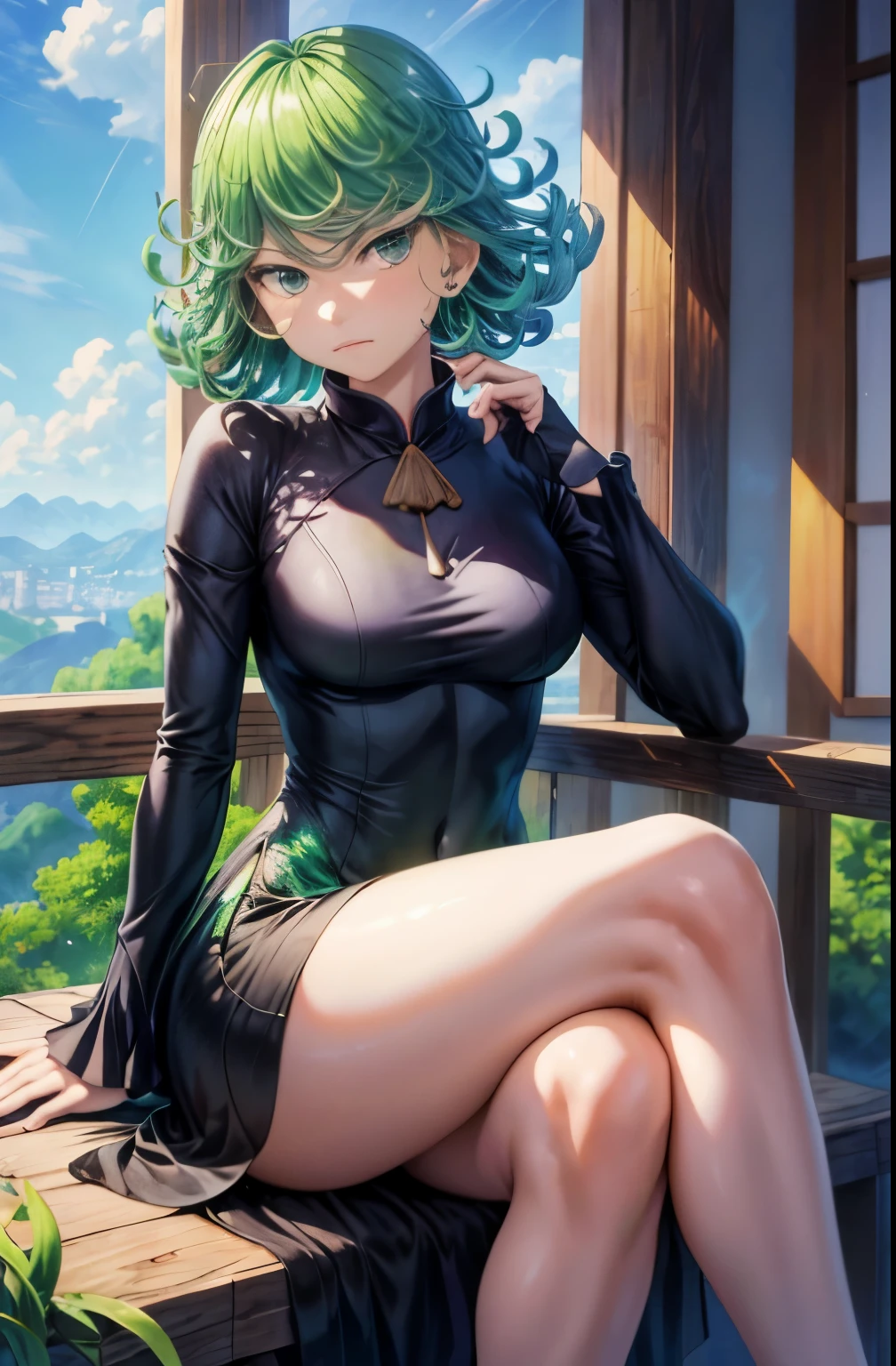(Masterpiece, Best Quality:1.2), solo, 1girl, tatsumaki, unamused, closed mouth, looking a viewer, sitting, She wore Dunhuang flying clothes, thights, широкие thights,