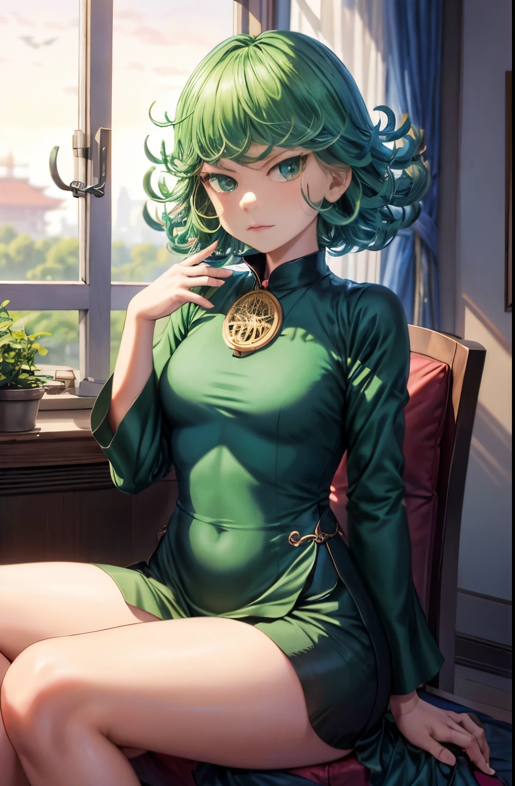 (Masterpiece, Best Quality:1.2), solo, 1girl, tatsumaki, unamused, closed mouth, looking a viewer, sitting, She wore Dunhuang flying clothes, thights, широкие thights,