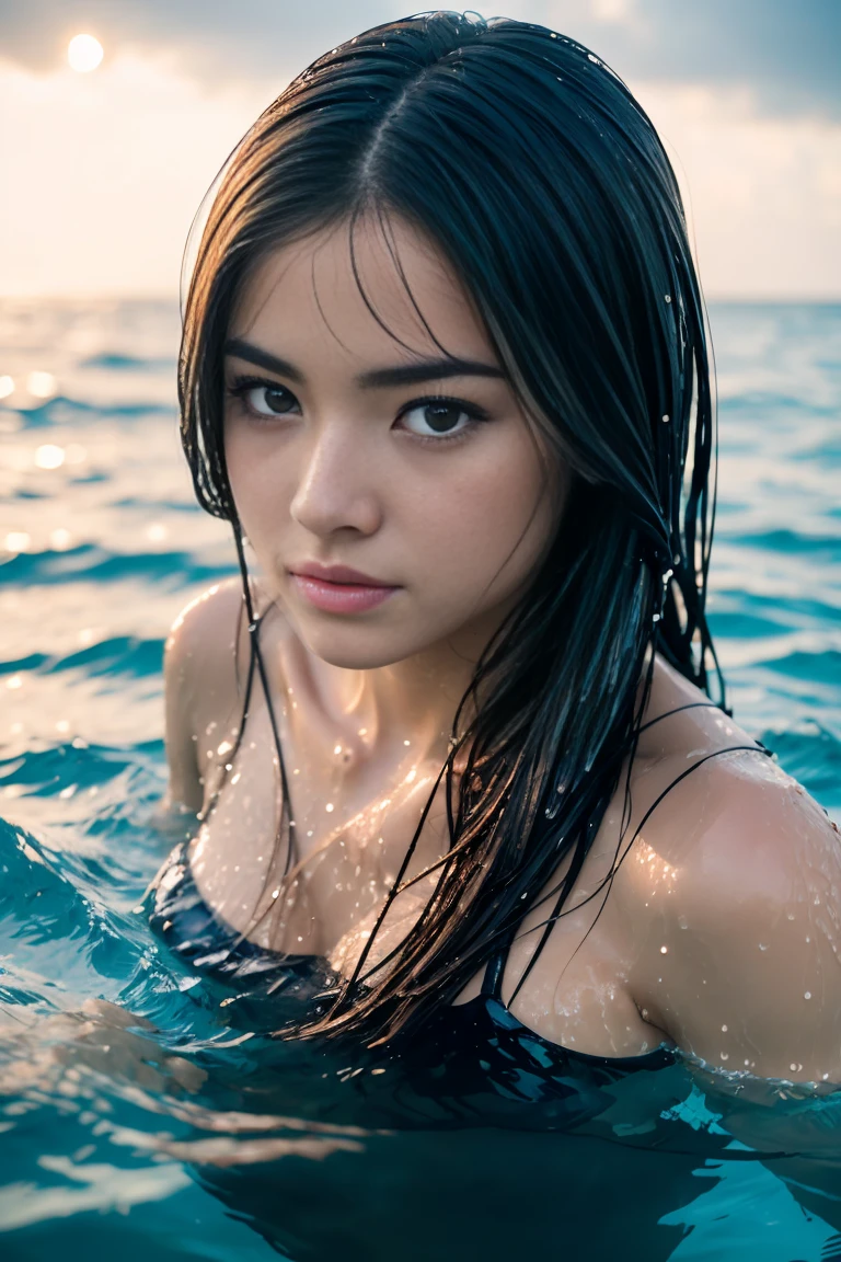 模拟风格, RAW 照片, 摄影, 超逼真, sharp Focus, amateur photo oF woman swim in middle oF the sea, (halF body inside water:1.3), 湿的, 白天, 晴朗多云, an island Far in background, soFt natural raw lighting, 非常详细, 最好的质量, 极其详细, 极其详细, taken From mobile camera, F/22, deep depth oF Field, 粮食, 噪音, Flashlight, (远射:1.2)