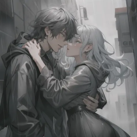 black messy wavy haired guy, wearing black hoodie, gray shirt, kisses, girl with long light blue hair, wearing gray dress, in th...