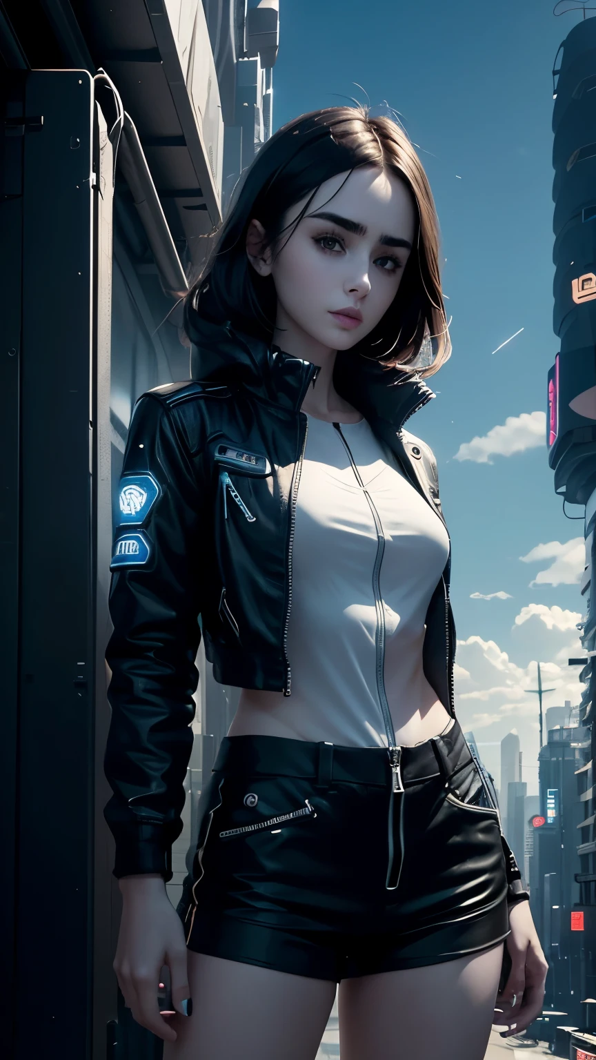 Lily Collins,Tall figure，skin，Upper body shorts，Black shorts，buttons，zipper，Complex workmanship，icon，company logo，Emit blue light，background with，future technology，cyberpunk city，，big gear，wind，Blue sky and white clouds，