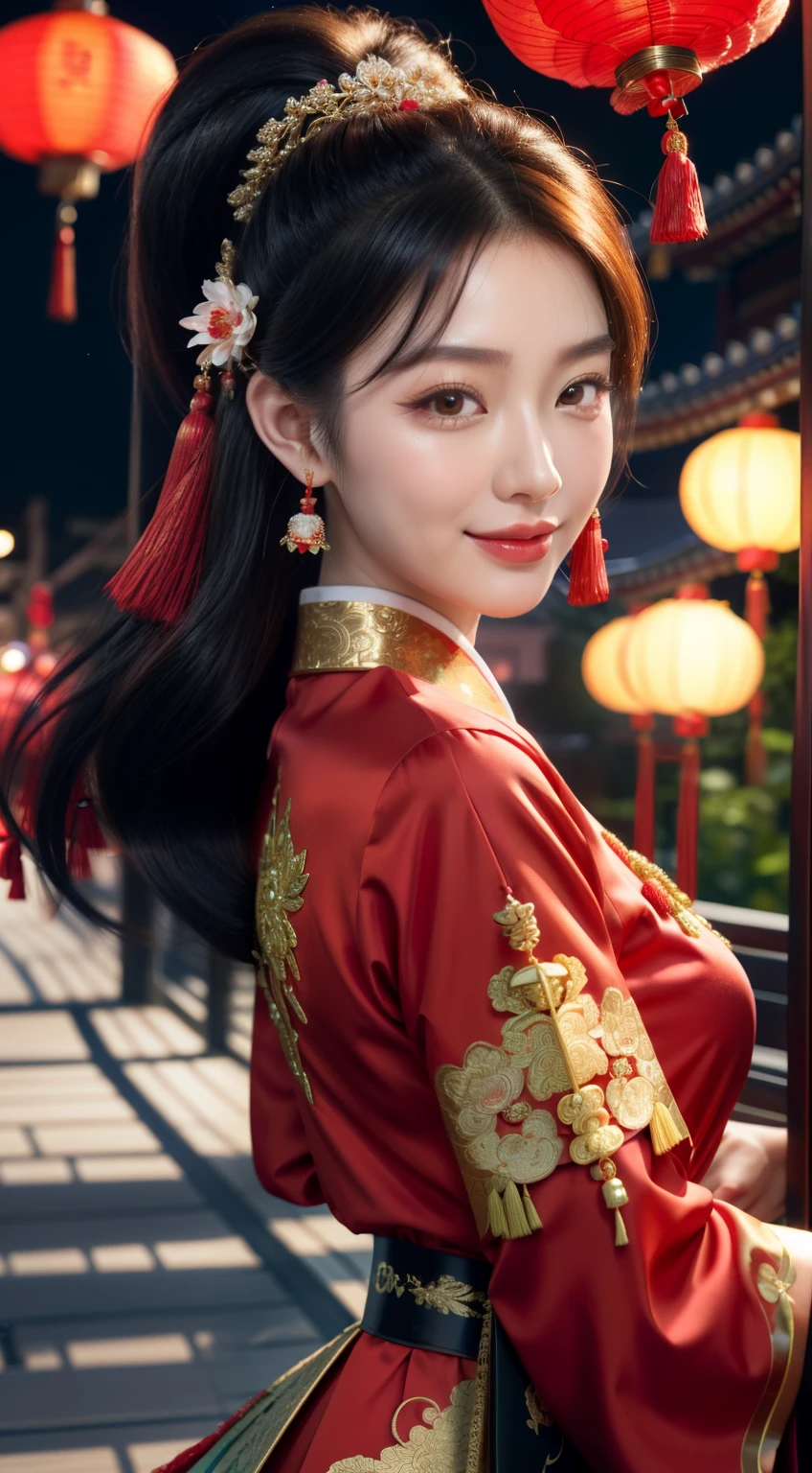 Best quality, 4k, high-end, ultra fine: 1.2), realistic, Chinese girl, exquisite face, beautiful detailed eyes, beautiful detailed lips, long eyelashes, red traditional clothing, black ponytail, tassel hair accessories, peony hair accessories, smiling expression, dynamic perspective, night, lantern, Chinese street, award-winning, cowboy lens, night scene