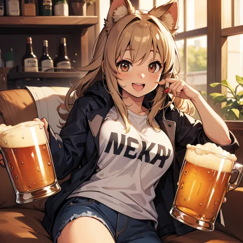 A happy wombat animal holding a pint of beer, anime, realistic, happy animal