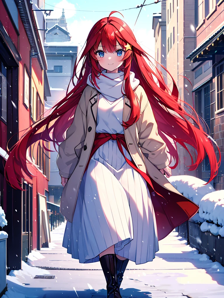 masterpiece, highest quality, 1 girl, Satsuki Nakano,The Bride of Fifths　Satsuki Nakano,red hair,long hair,Ahoge,blue eyes,star hair ornament, red long coat,white v-neck sweater,gray muffler,Gray long skirt,brown short boots,smile,In town,walking,winter,It&#39;s snowing