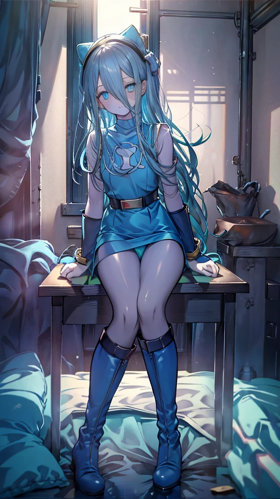 highest quality,sleep on your back in bed，Crab crotch，show me your boots，thigh high boots，leotardチラ見せ，glove，elegant, 1 girl, leotard，body suit，cute, blushed, looking at the viewer, from below, prison，blue eyes, beautiful eyes, beautiful background, particles of light, Light of the sun, dramatic lighting, outside, shiny, realistic, table top, highest quality, Super detailed, get used to it, scenery, beautiful and detailed eyes, thin hair，full body shot，