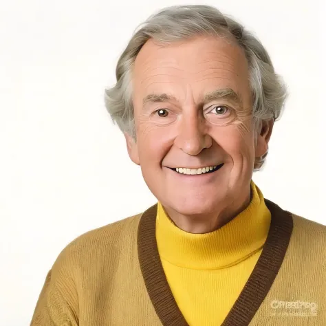 old man in a yellow skivvy and brown sweater smiling, children's television presenter, promo photo, smug smirk, promotional portrait, promo image, 3/4 photograph, television set background, sitting in an old armchair, legs crossed, sinister