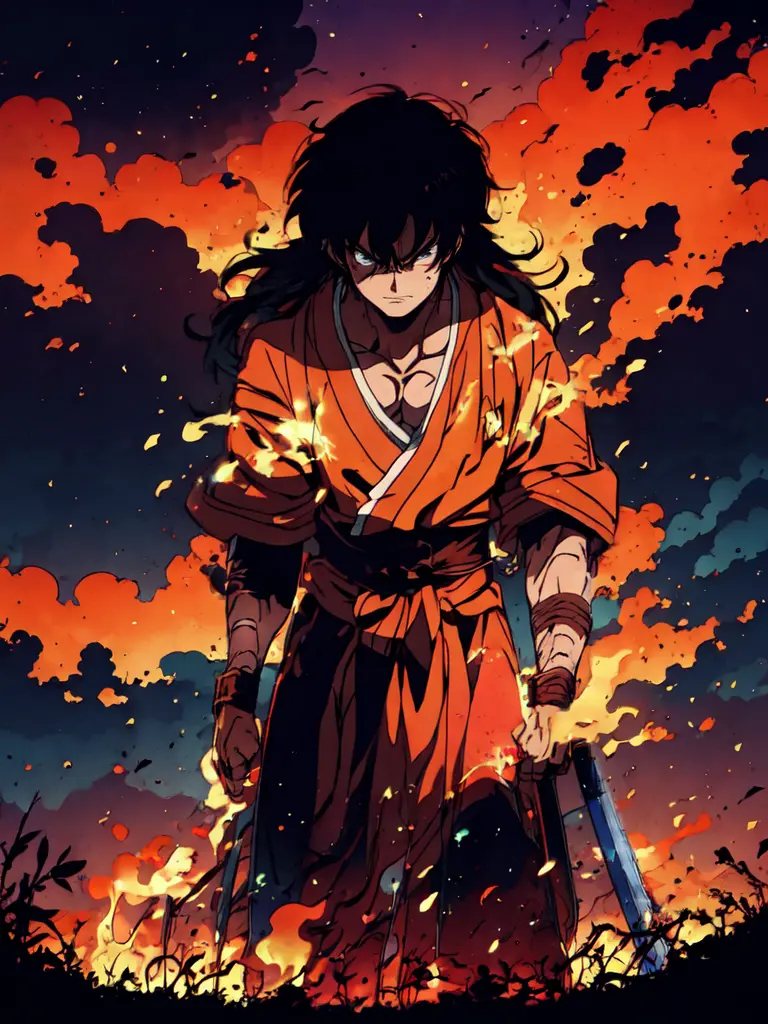 anime character with Katana  in hand standing in front of a fire, badass anime 8 k, handsome guy in demon slayer art, 4 k manga ...