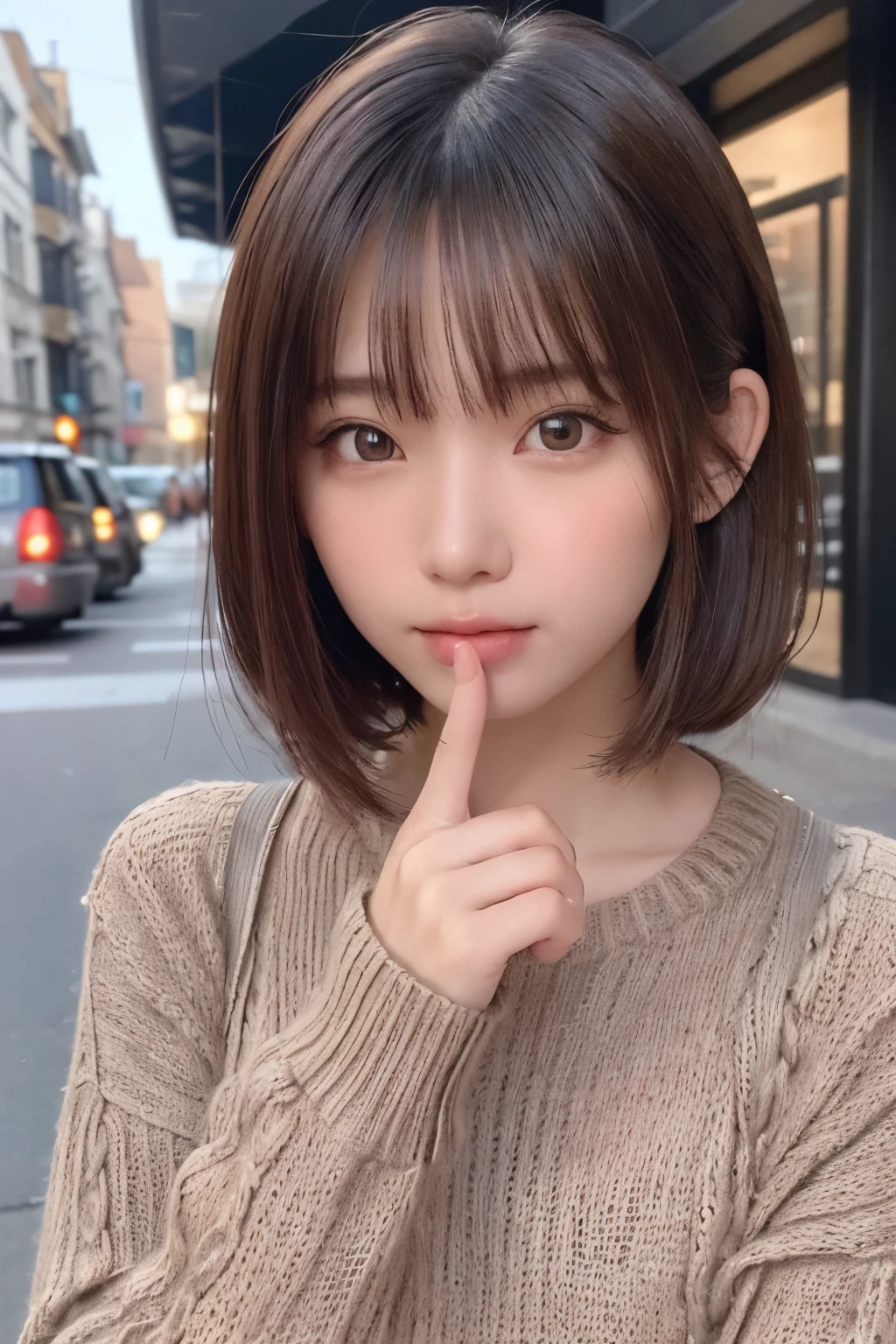 one girl, (a beauty girl, delicate girl:1.3), (, loli:1.3),
break, (long knit sweater, one-piece:1.3),
break, very fine eye definition, (symmetrical eyes:1.3),
break, (street snap:1.3), (index finger in front of your eye, wink, close one eye:1.3), perfectly trimmed fingers,
break, small breasts, brown eyes, parted bangs, brown hair, petite girl,
break, (eyes and faces with detailed:1.0),
break, (masterpiece, best quality, ultra detailed, detailed face, 8k)