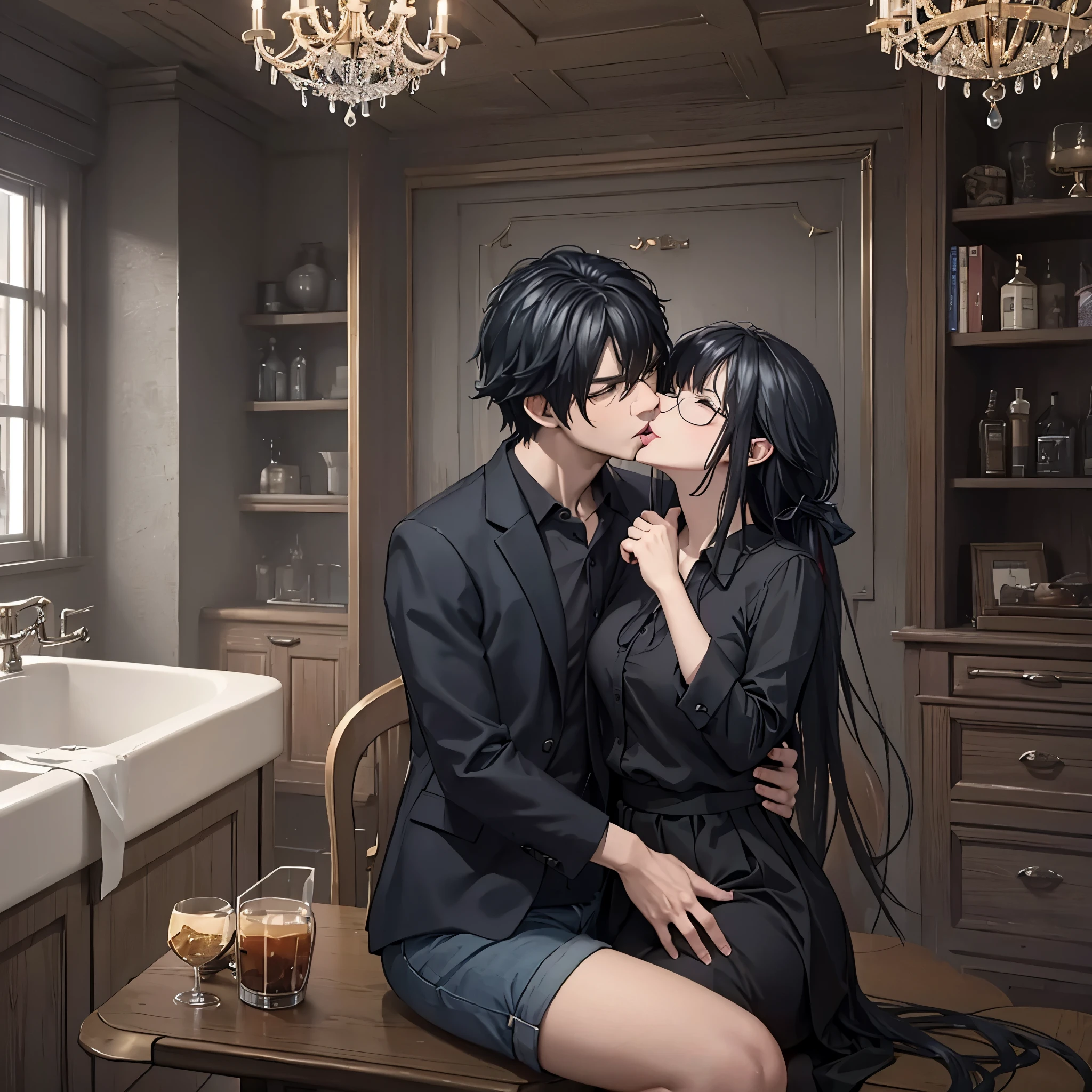 Ein Mann in schwarzer Freizeitkleidung in einem luxuriösen modernen Haus küsst eine Frau auf den Mund
