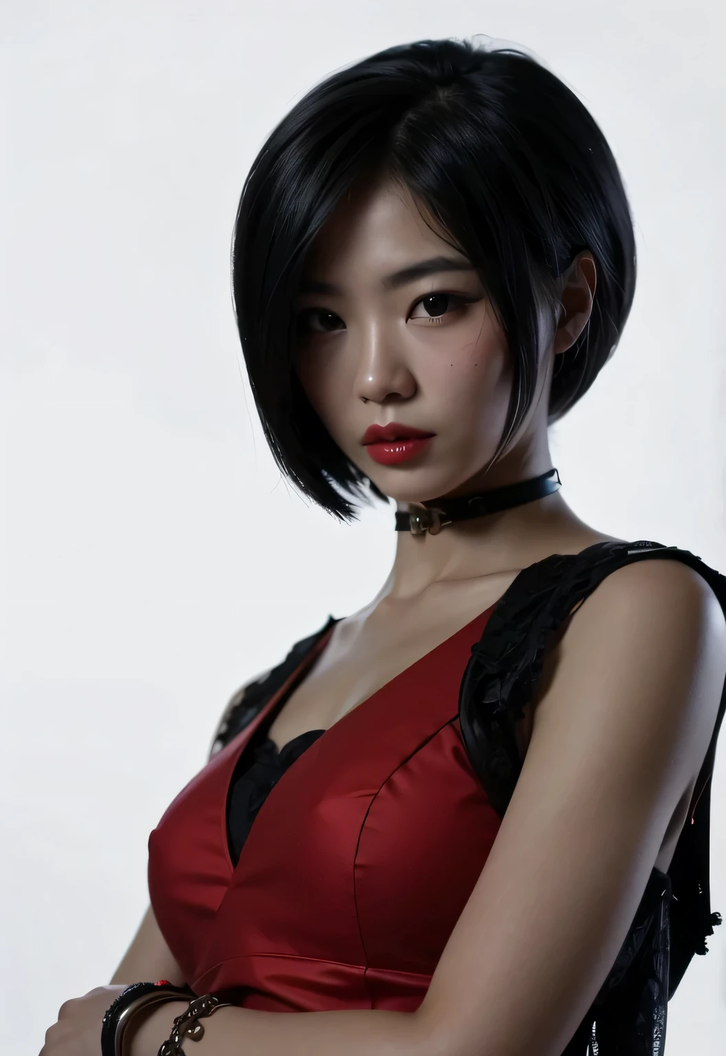 schöne Chinesinnen mit schwarzen Haaren, rotes Kleid, roter Lippenstift