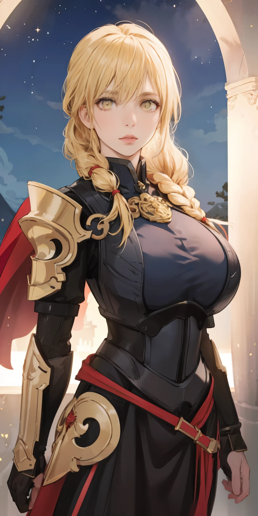 upper body of paladin lady in ornate golden armor, black collar, pauldrons, breastplate, corset, glowing halo, single braid, blonde, yellow glowing eyes, bright pupils, eye focus, red cape, temple indoors, stained glass windows, night, moonlight, particles, light beam, chromatic aberration
