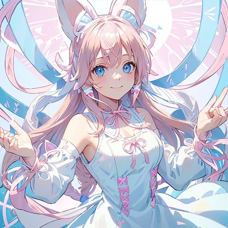 girl,(pink hair:1.3),(white ribbon on head 1.3),blue eyes,Idol,white clothes,(pink animal ears:1.5),smile, Facial expression: bright smile,exceited, underboob,((Blue ribbon:1.5)),in pastel colors,((solo)),((white ribbon string:1.3)),Protruding milk, Outfit: bright white dress,cleavage,cutout