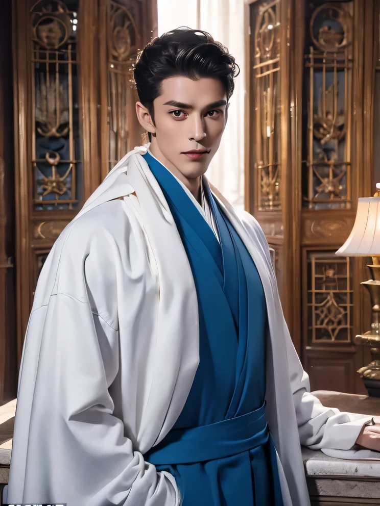  (male character design），（Messy white flying long hair：1.2）, （Affectionate Chinese handsome guy Lan Ling faces the camera），（Pan An’s outfits for modern and fashionable men&#39;s blue sweater suit pants：1.37），Pan An’s skin is fair and flawless，The bridge of his nose is high and straight，(long,Messy shawl hair：1.1），（double eyelids, Bright Eyes, Big clear and bright eyes），sad prince，Food with red lips and white teeth，gentle melancholy，Pan An is tall and tall.，He has a strong physique，Toned muscles，Fresh and toned abs, His exquisite facial features，Kingly style， （Main color blue：0.8）