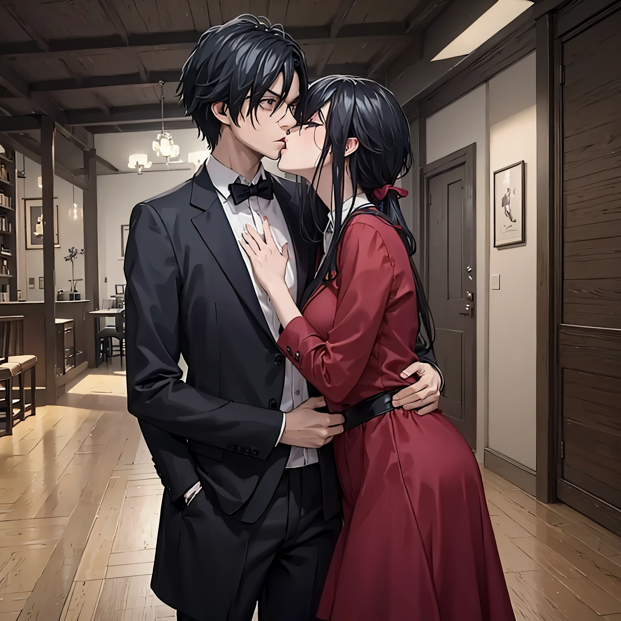 a man kissing a woman(eye red) on the mouth in black casual clothing in a luxurious modern house
