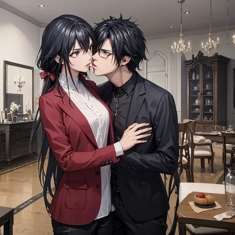 a man kissing a woman(eye red) on the mouth in black casual clothing in a luxurious modern house