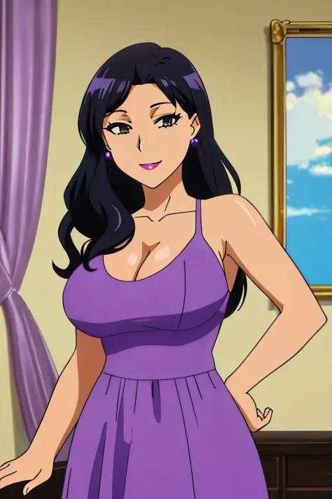 bonnie,black hair,black eyes,lipstick, small round earrings,purple dress,cleavage,huge breasts, smile, standing,upper body,living room, (insanely detailed, beautiful detailed face, masterpiece,best quality),
