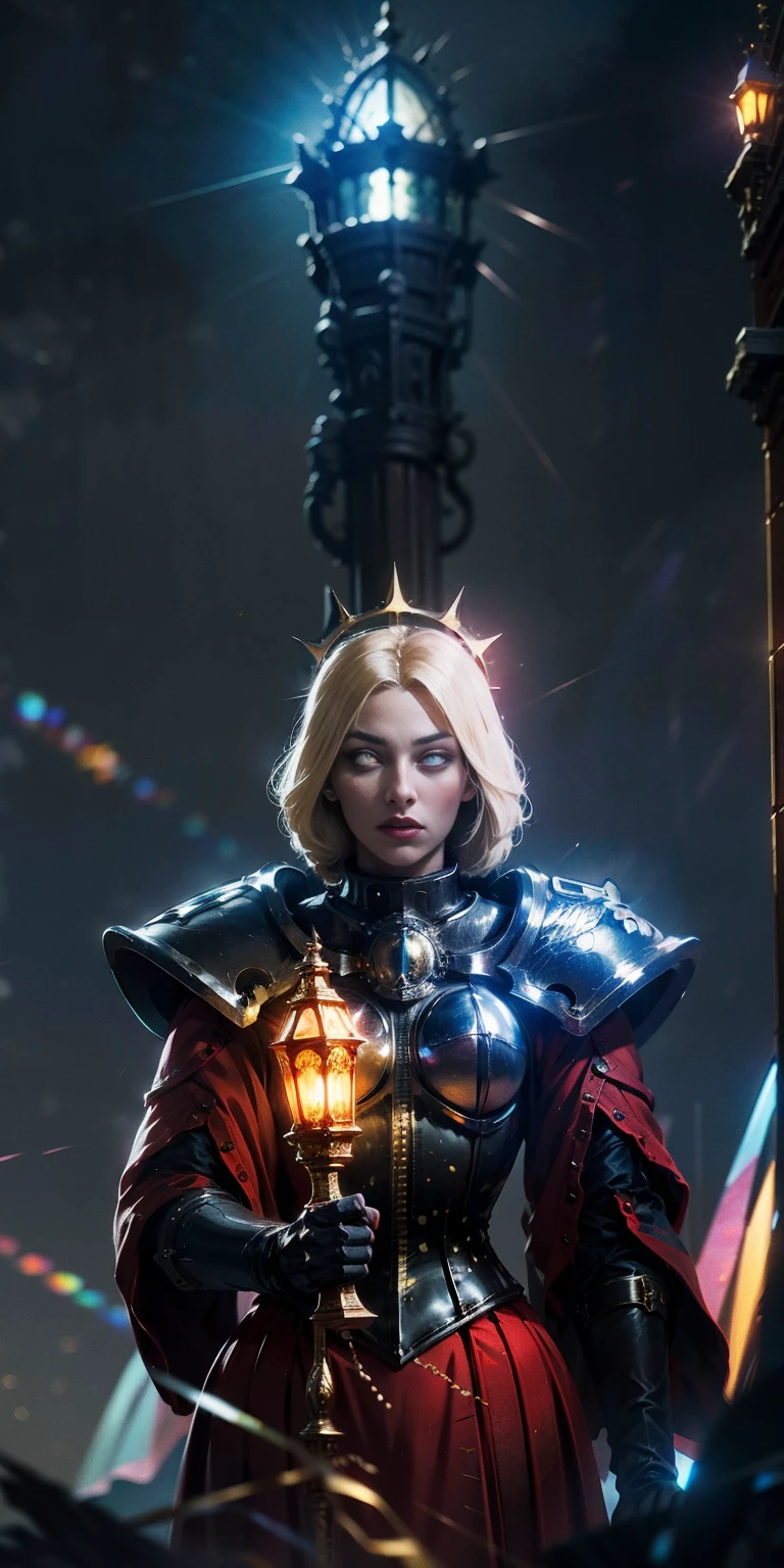 upper body of paladin lady in ornate golden armor, black collar, pauldrons, breastplate, corset, glowing halo, single braid, blonde, yellow glowing eyes, bright pupils, eye focus, red cape, temple indoors, stained glass windows, night, moonlight, particles, light beam, chromatic aberration
