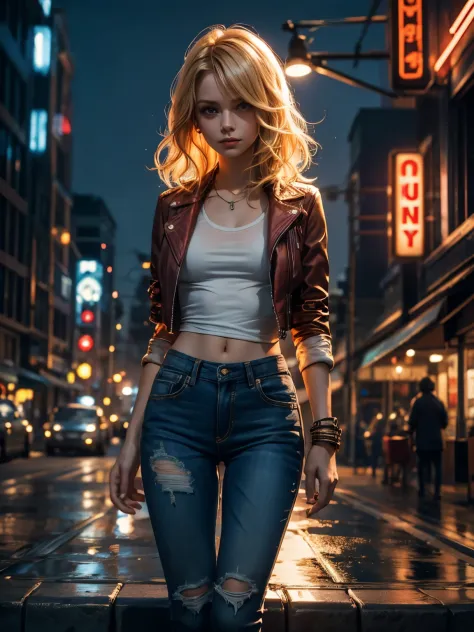 a girl with short wavy blonde hair , blonde and red streaks , 15 year , torn jeans, white see through t-shirt , (leather jacket ...