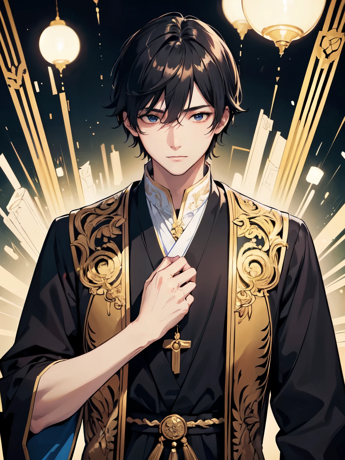 first-class、high resolution、high contrast、 (best illumination、very delicate and beautiful)、One young man、male、黒いフードを目深に被ったmale、The face is hidden、suspicious、Less exposure、whole body、Are standing、Priest wearing gorgeous ceremonial clothes、anime style